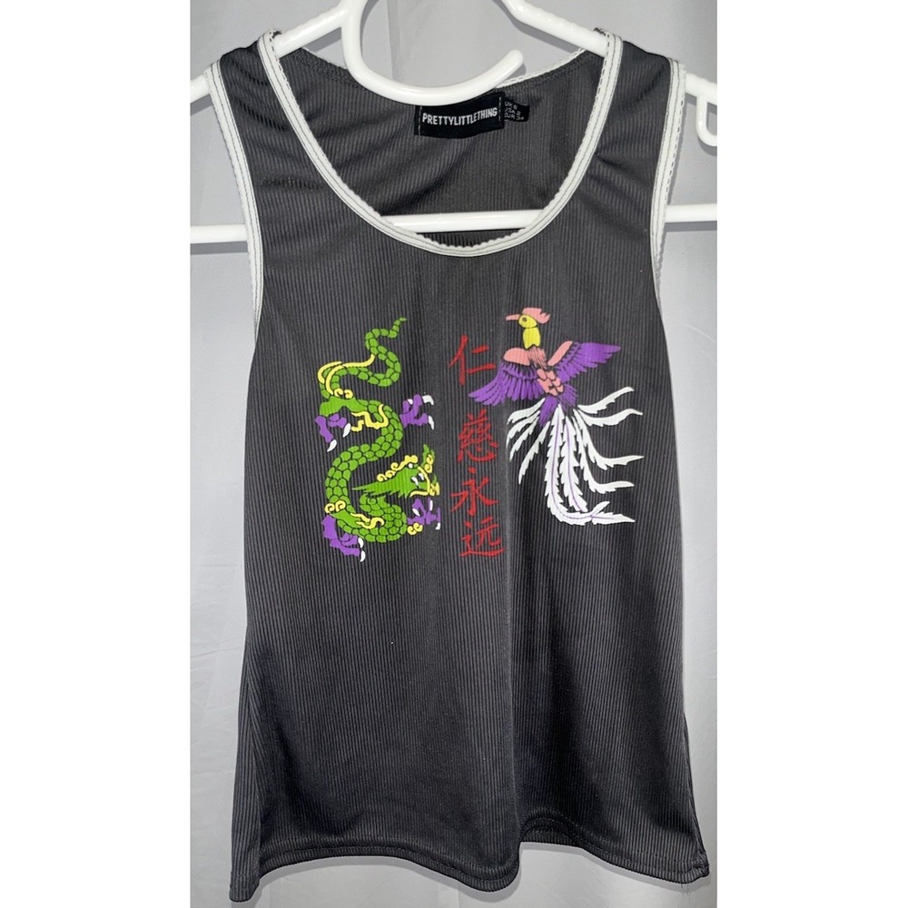 PrettyLittleThing Chinese Dragon Phoenix Tank Top Ribbed Y2K Grey Streetwear S